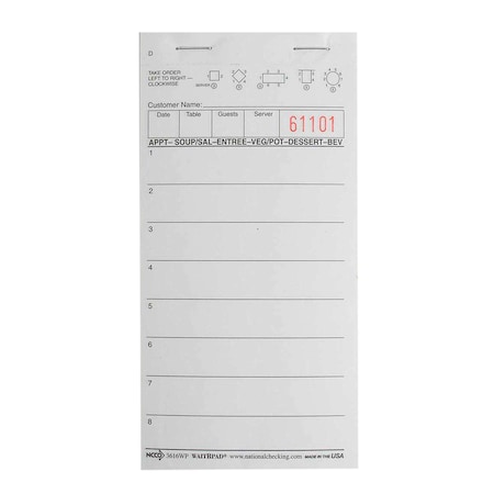 NATIONAL CHECKING Waitrpad 3.5"x5.75" 8 Line White 1 Part Guest Check 100 Checks, PK50 3616WP